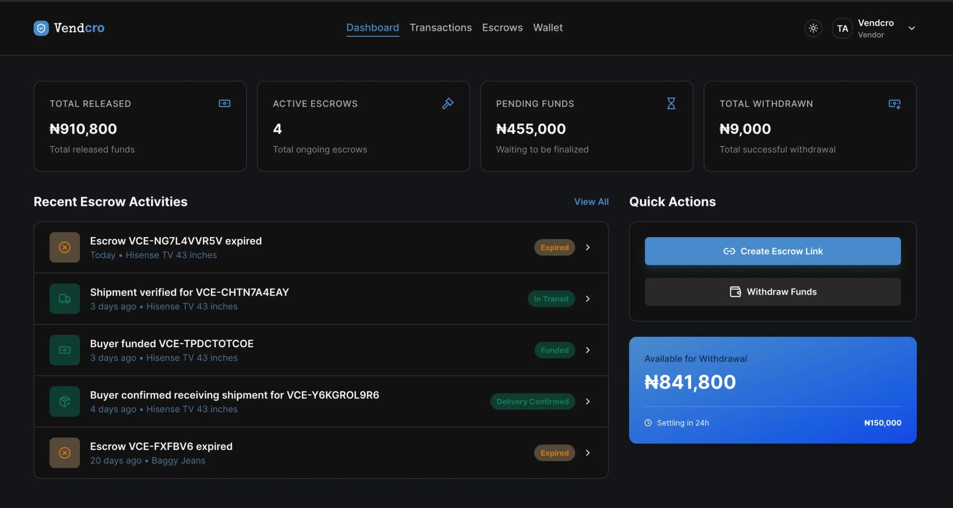 Vendcro dashboard preview